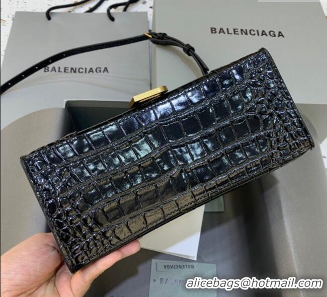 Pretty Style Balenciaga Hourglass Small Top Handle Bag in Crocodile Embossed Calfskin 26071 Black/Gold 2025