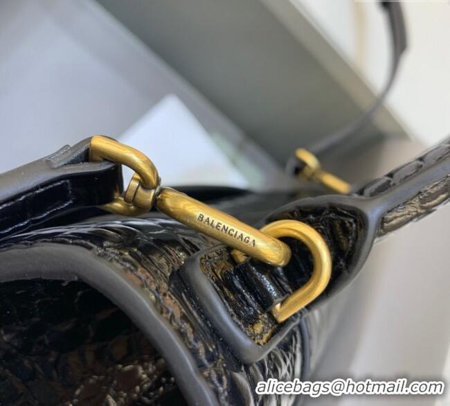Pretty Style Balenciaga Hourglass Small Top Handle Bag in Crocodile Embossed Calfskin 26071 Black/Gold 2025