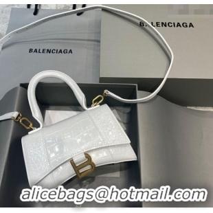 Well Crafted Balenciaga Hourglass Mini Top Handle Bag in Crocodile Embossed Calfskin 26070 White/Gold 2025