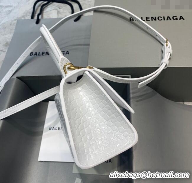 Well Crafted Balenciaga Hourglass Mini Top Handle Bag in Crocodile Embossed Calfskin 26070 White/Gold 2025