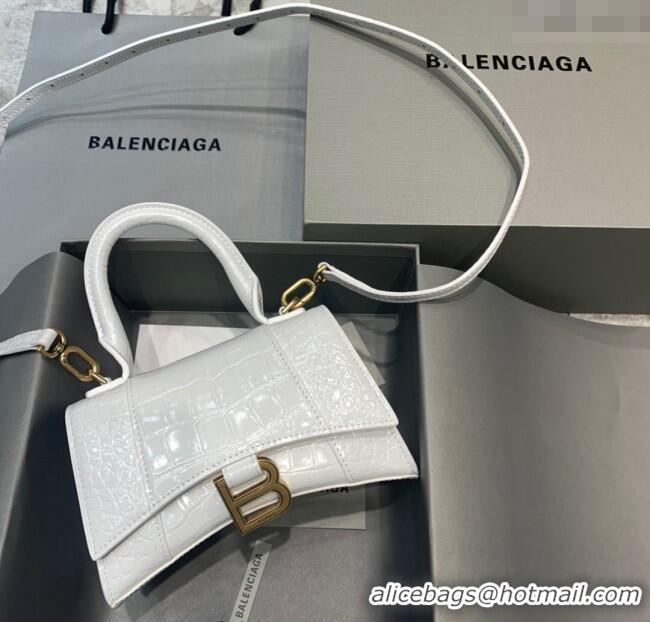 Well Crafted Balenciaga Hourglass Mini Top Handle Bag in Crocodile Embossed Calfskin 26070 White/Gold 2025