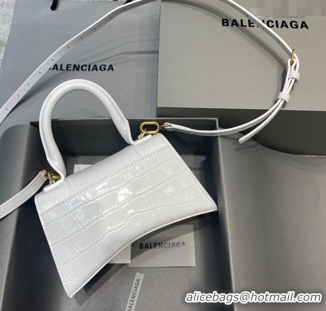 Well Crafted Balenciaga Hourglass Mini Top Handle Bag in Crocodile Embossed Calfskin 26070 White/Gold 2025