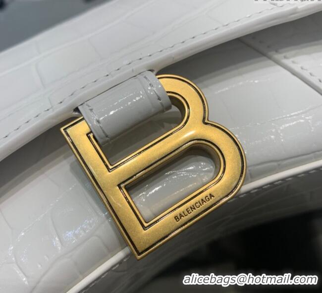 Well Crafted Balenciaga Hourglass Mini Top Handle Bag in Crocodile Embossed Calfskin 26070 White/Gold 2025