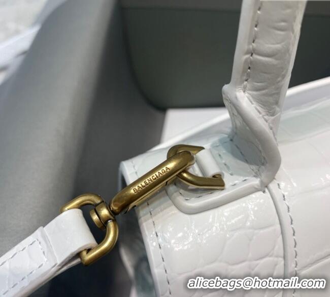Well Crafted Balenciaga Hourglass Mini Top Handle Bag in Crocodile Embossed Calfskin 26070 White/Gold 2025