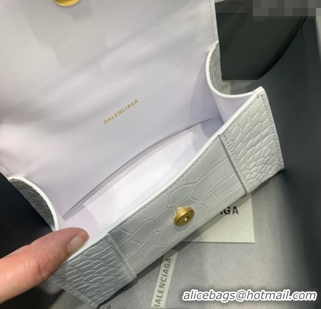 Well Crafted Balenciaga Hourglass Mini Top Handle Bag in Crocodile Embossed Calfskin 26070 White/Gold 2025