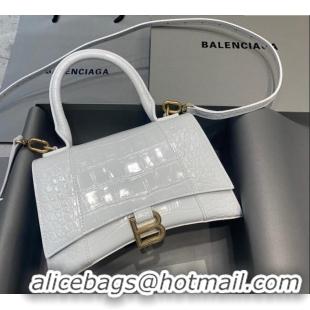 Cheap Price Balenciaga Hourglass Small Top Handle Bag in Crocodile Embossed Calfskin 26071 White/Gold 2025