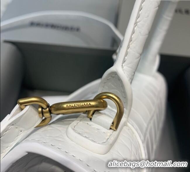 Cheap Price Balenciaga Hourglass Small Top Handle Bag in Crocodile Embossed Calfskin 26071 White/Gold 2025
