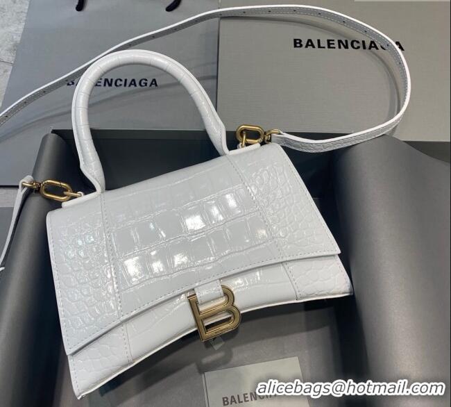 Cheap Price Balenciaga Hourglass Small Top Handle Bag in Crocodile Embossed Calfskin 26071 White/Gold 2025
