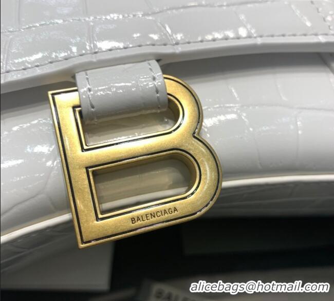Cheap Price Balenciaga Hourglass Small Top Handle Bag in Crocodile Embossed Calfskin 26071 White/Gold 2025