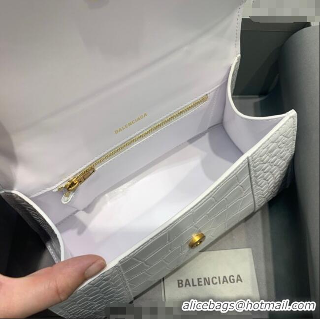 Cheap Price Balenciaga Hourglass Small Top Handle Bag in Crocodile Embossed Calfskin 26071 White/Gold 2025