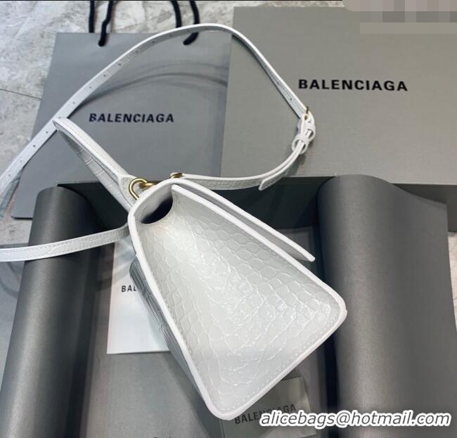 Cheap Price Balenciaga Hourglass Small Top Handle Bag in Crocodile Embossed Calfskin 26071 White/Gold 2025