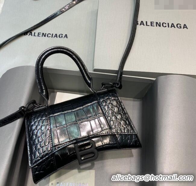 Fashion Discount Balenciaga Hourglass Mini Top Handle Bag in Crocodile Embossed Calfskin 26070 All Black 2025