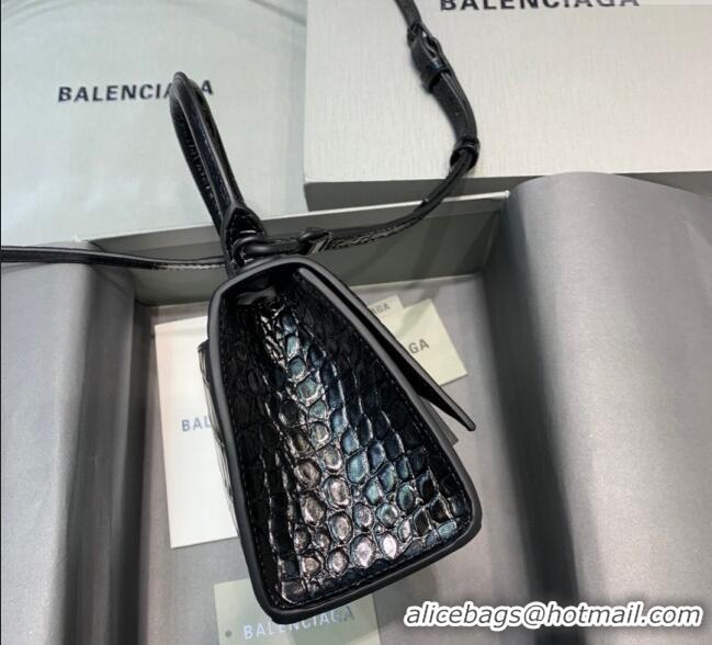 Fashion Discount Balenciaga Hourglass Mini Top Handle Bag in Crocodile Embossed Calfskin 26070 All Black 2025