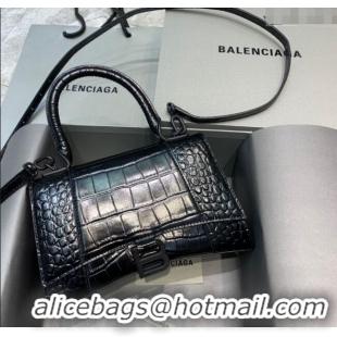 Most Popular Balenciaga Hourglass Small Top Handle Bag in Crocodile Embossed Calfskin 26071 All Black 2025