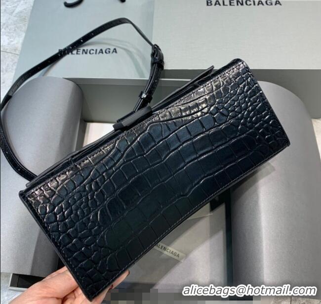 Most Popular Balenciaga Hourglass Small Top Handle Bag in Crocodile Embossed Calfskin 26071 All Black 2025