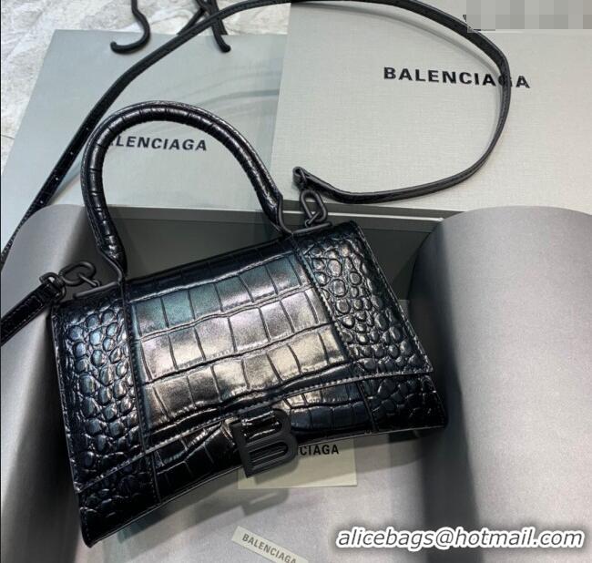 Most Popular Balenciaga Hourglass Small Top Handle Bag in Crocodile Embossed Calfskin 26071 All Black 2025