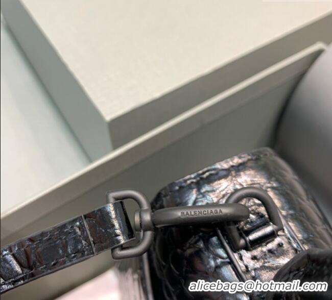 Most Popular Balenciaga Hourglass Small Top Handle Bag in Crocodile Embossed Calfskin 26071 All Black 2025