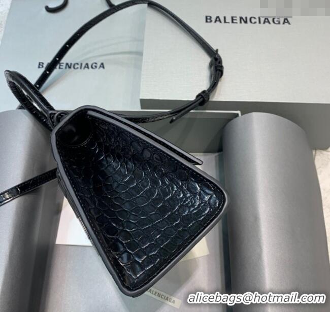 Most Popular Balenciaga Hourglass Small Top Handle Bag in Crocodile Embossed Calfskin 26071 All Black 2025