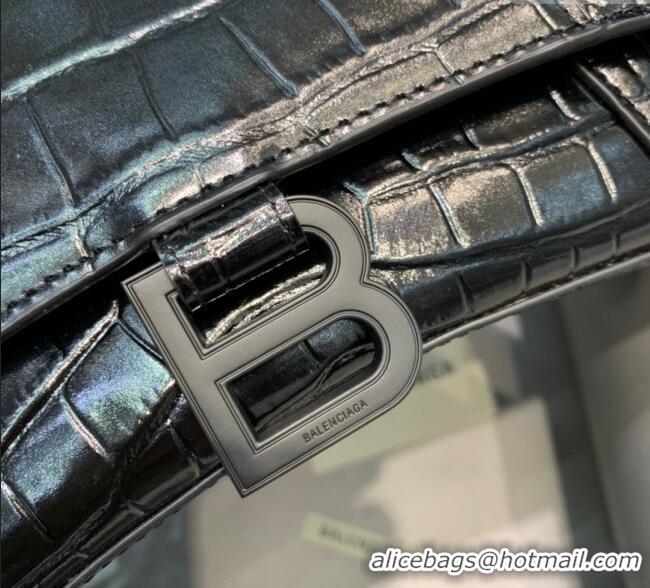 Most Popular Balenciaga Hourglass Small Top Handle Bag in Crocodile Embossed Calfskin 26071 All Black 2025