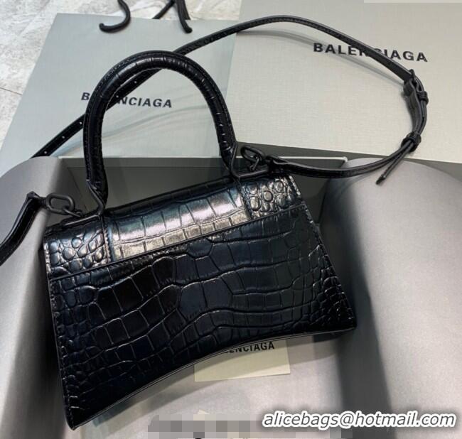 Most Popular Balenciaga Hourglass Small Top Handle Bag in Crocodile Embossed Calfskin 26071 All Black 2025