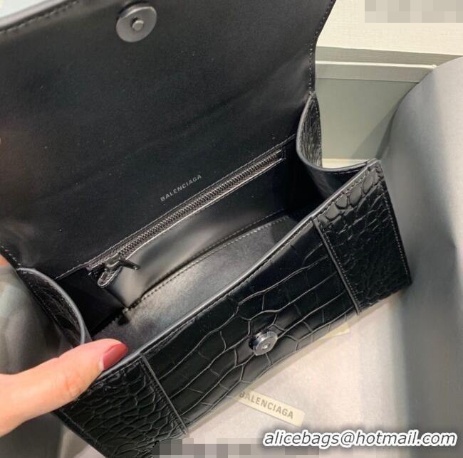 Most Popular Balenciaga Hourglass Small Top Handle Bag in Crocodile Embossed Calfskin 26071 All Black 2025