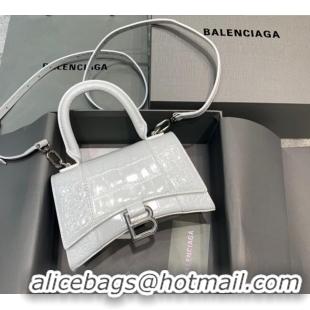 Best Price Balenciaga Hourglass Mini Top Handle Bag in Crocodile Embossed Calfskin 26078 White/Silver 2025