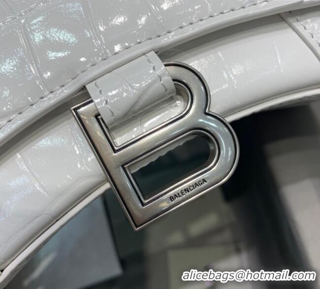 Best Price Balenciaga Hourglass Mini Top Handle Bag in Crocodile Embossed Calfskin 26078 White/Silver 2025