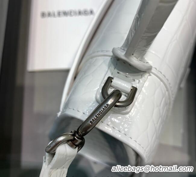 Best Price Balenciaga Hourglass Mini Top Handle Bag in Crocodile Embossed Calfskin 26078 White/Silver 2025