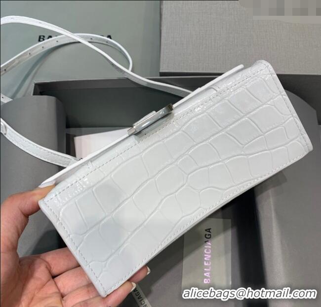 Best Price Balenciaga Hourglass Mini Top Handle Bag in Crocodile Embossed Calfskin 26078 White/Silver 2025