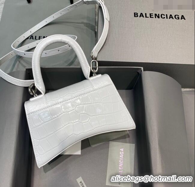 Best Price Balenciaga Hourglass Mini Top Handle Bag in Crocodile Embossed Calfskin 26078 White/Silver 2025