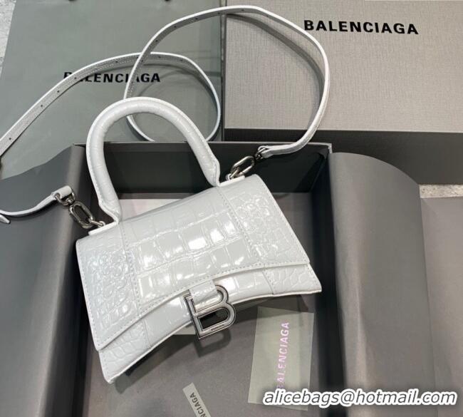Best Price Balenciaga Hourglass Mini Top Handle Bag in Crocodile Embossed Calfskin 26078 White/Silver 2025
