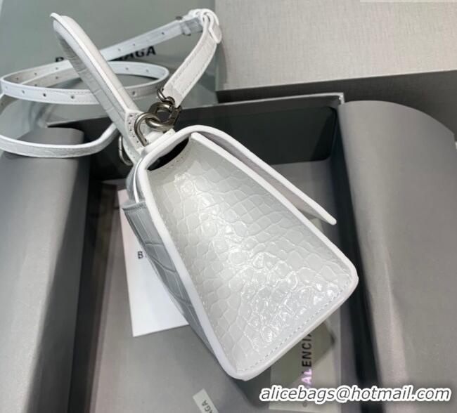 Best Price Balenciaga Hourglass Mini Top Handle Bag in Crocodile Embossed Calfskin 26078 White/Silver 2025