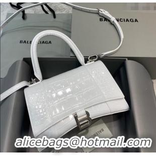 Promotional Balenciaga Hourglass Small Top Handle Bag in Crocodile Embossed Calfskin 26079 White/Silver 2025