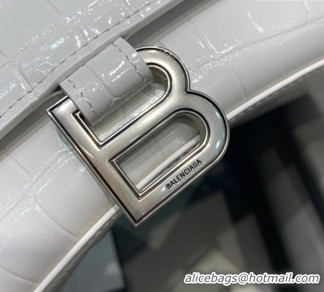 Promotional Balenciaga Hourglass Small Top Handle Bag in Crocodile Embossed Calfskin 26079 White/Silver 2025