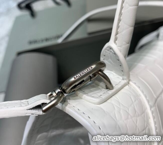 Promotional Balenciaga Hourglass Small Top Handle Bag in Crocodile Embossed Calfskin 26079 White/Silver 2025