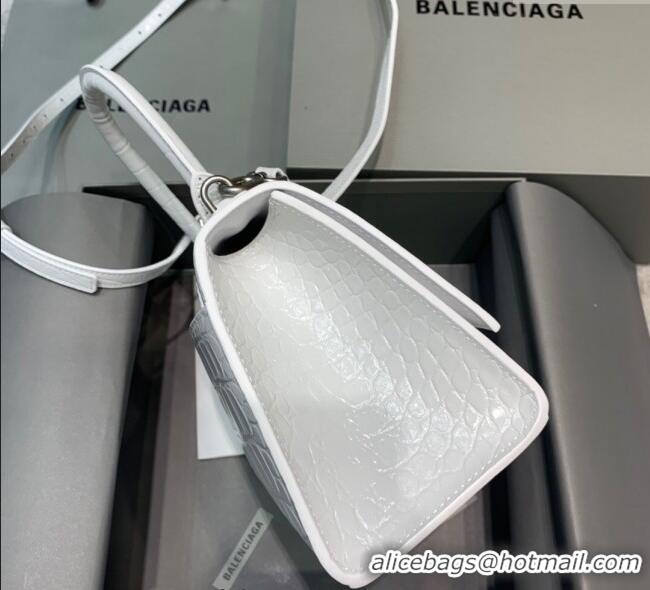 Promotional Balenciaga Hourglass Small Top Handle Bag in Crocodile Embossed Calfskin 26079 White/Silver 2025