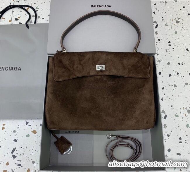 Super Quality Balenciaga Rodeo Medium Handbag in suede With aged-silver hardware 78972 Dark Coffee Brown 2025
