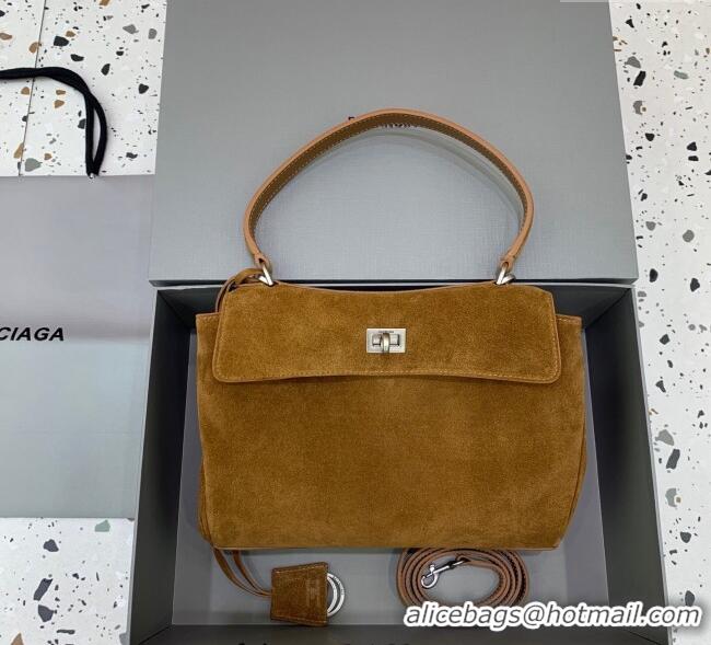 Luxury Discount Balenciaga Rodeo Small Handbag in suede With aged-silver hardware 78972 Camel Brown 2025