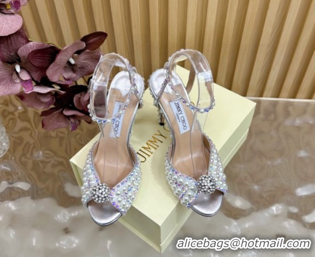 Luxury Discount Jimmy Choo Sacora Heel Sandals 10.5cm with Pearls and Strass Silver 1031023