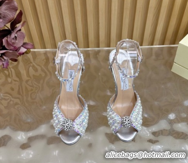 Luxury Discount Jimmy Choo Sacora Heel Sandals 10.5cm with Pearls and Strass Silver 1031023