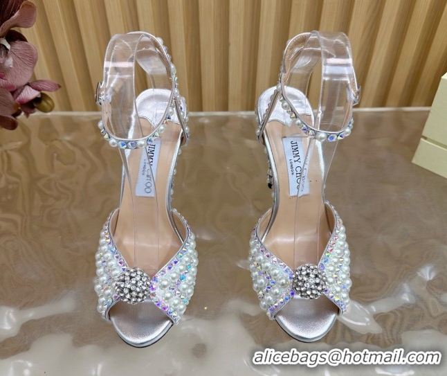 Luxury Discount Jimmy Choo Sacora Heel Sandals 10.5cm with Pearls and Strass Silver 1031023