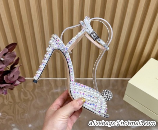 Luxury Discount Jimmy Choo Sacora Heel Sandals 10.5cm with Pearls and Strass Silver 1031023