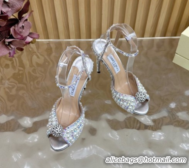 Luxury Discount Jimmy Choo Sacora Heel Sandals 10.5cm with Pearls and Strass Silver 1031023