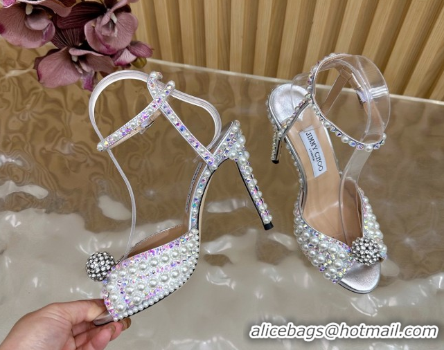 Luxury Discount Jimmy Choo Sacora Heel Sandals 10.5cm with Pearls and Strass Silver 1031023