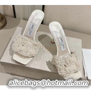 Luxury Jimmy Choo Cary Heel Slides Sandal 7cm in Satin with Pearl Embellishments White 1031024