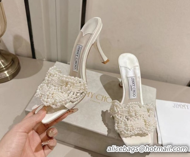Luxury Jimmy Choo Cary Heel Slides Sandal 7cm in Satin with Pearl Embellishments White 1031024