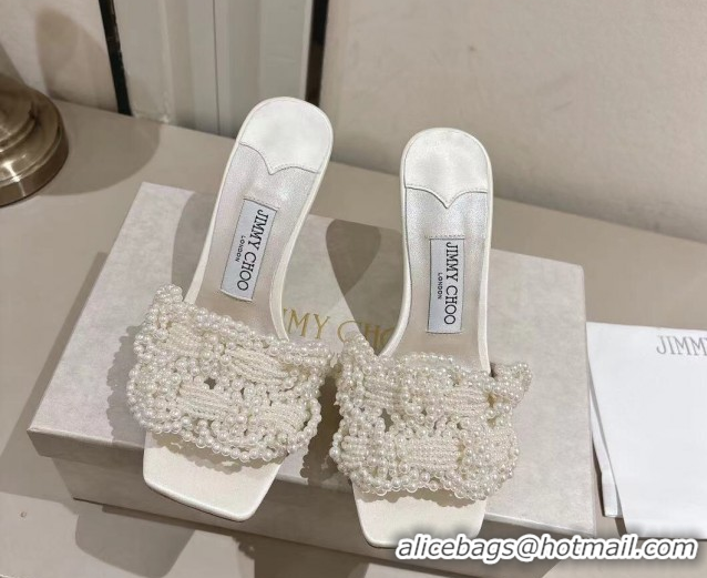 Luxury Jimmy Choo Cary Heel Slides Sandal 7cm in Satin with Pearl Embellishments White 1031024