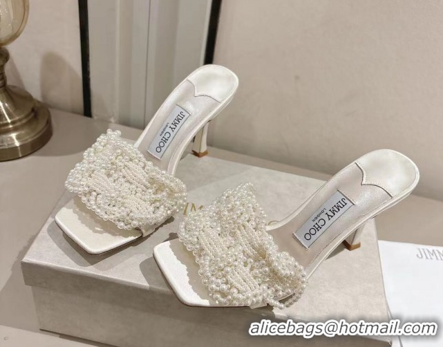 Luxury Jimmy Choo Cary Heel Slides Sandal 7cm in Satin with Pearl Embellishments White 1031024