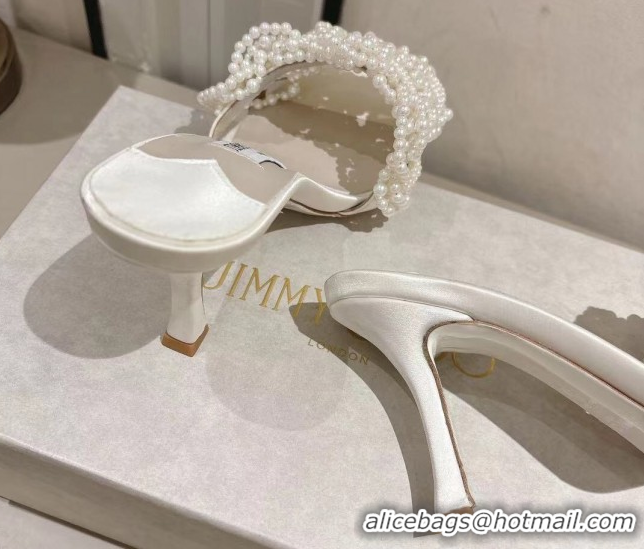 Luxury Jimmy Choo Cary Heel Slides Sandal 7cm in Satin with Pearl Embellishments White 1031024