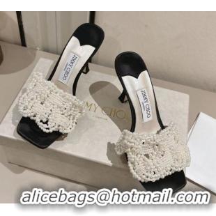 Purchase Jimmy Choo Cary Heel Slides Sandal 7cm in Satin with Pearl Embellishments Black 1031025